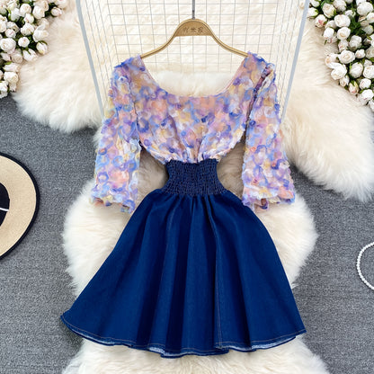 Cute Denim Chiffon Panel Dress RF0099