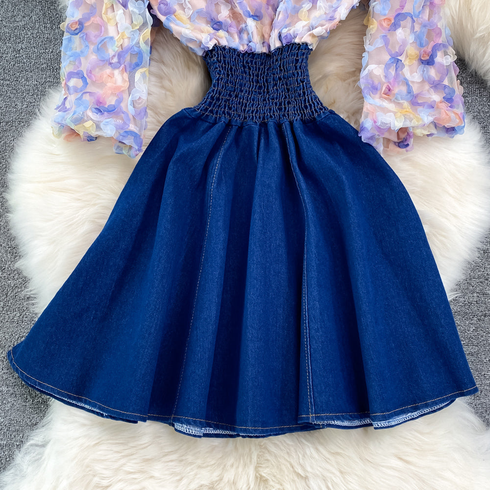 Cute Denim Chiffon Panel Dress RF0099
