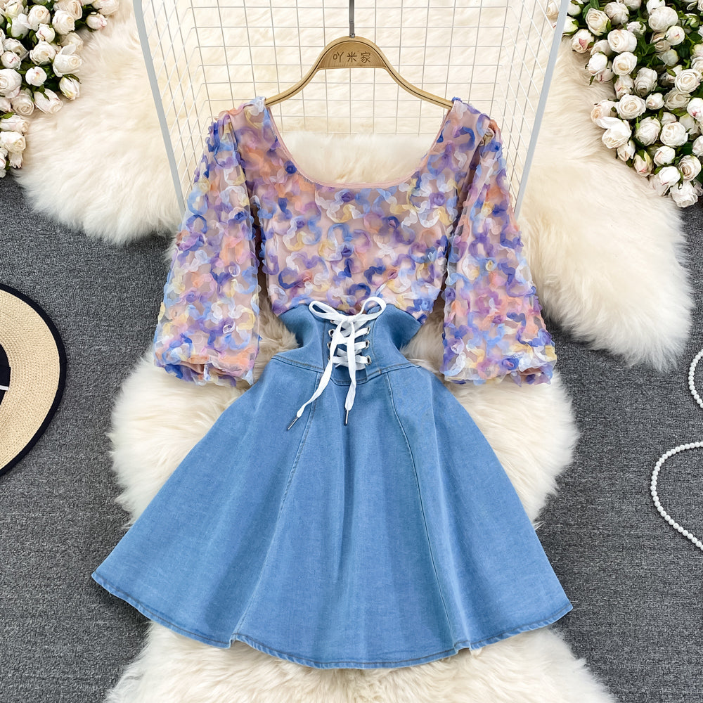 Cute Denim Chiffon Panel Dress RF0099