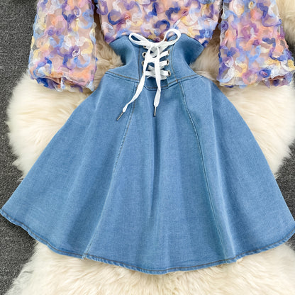 Cute Denim Chiffon Panel Dress RF0099