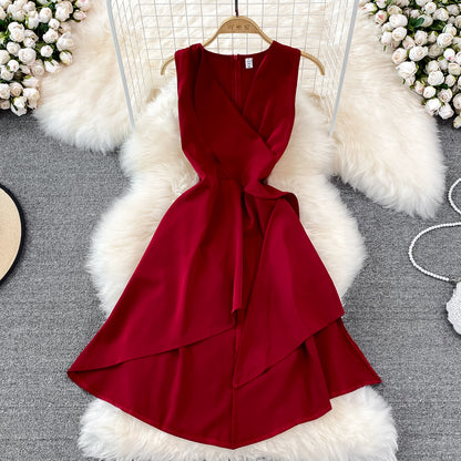 Red V Neck Irregular Dress RF0095