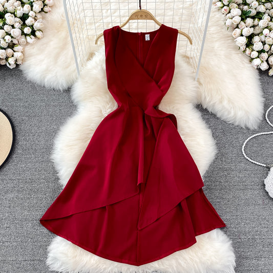 Red V Neck Irregular Dress RF0095