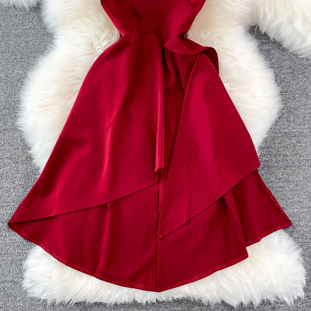 Red V Neck Irregular Dress RF0095