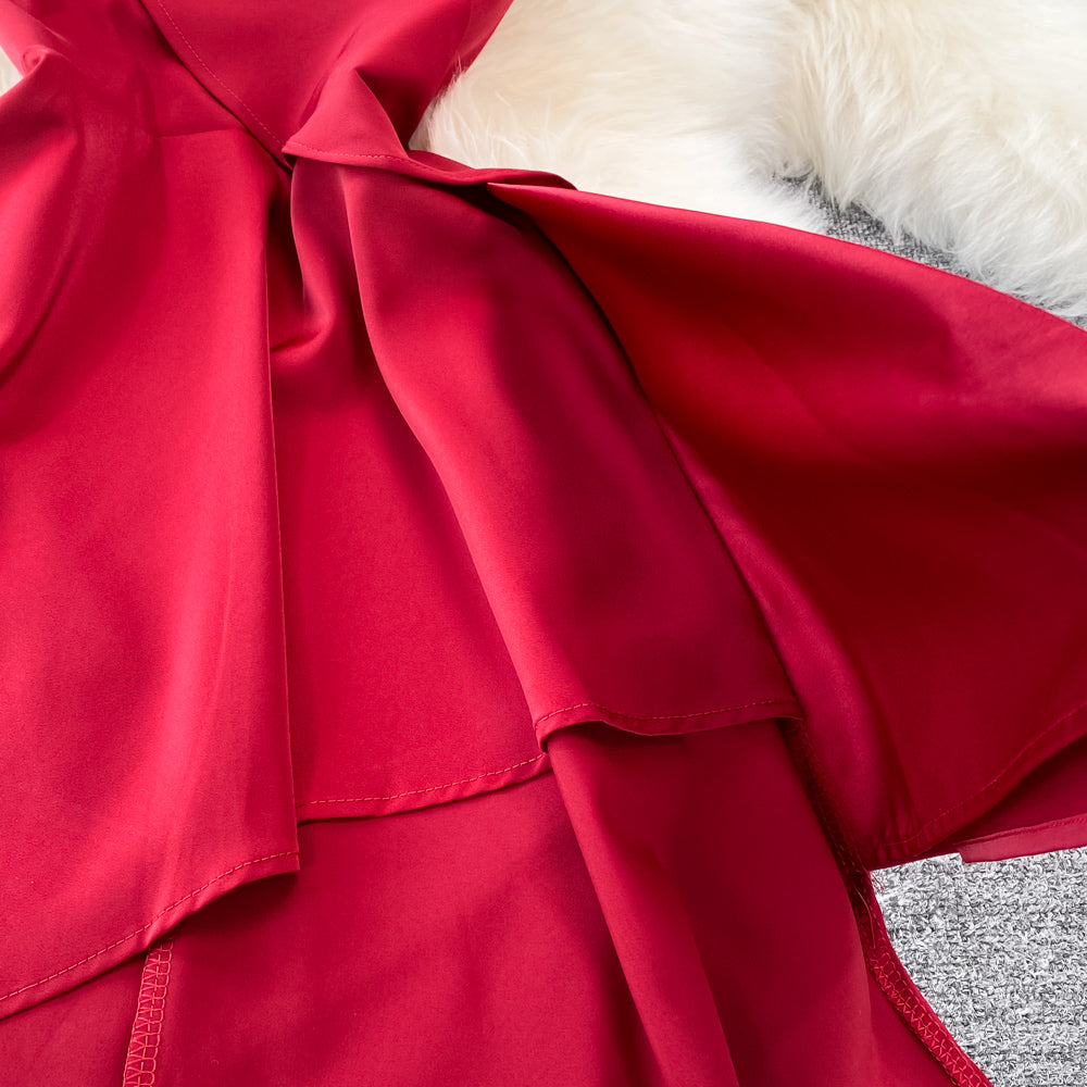 Red V Neck Irregular Dress RF0095