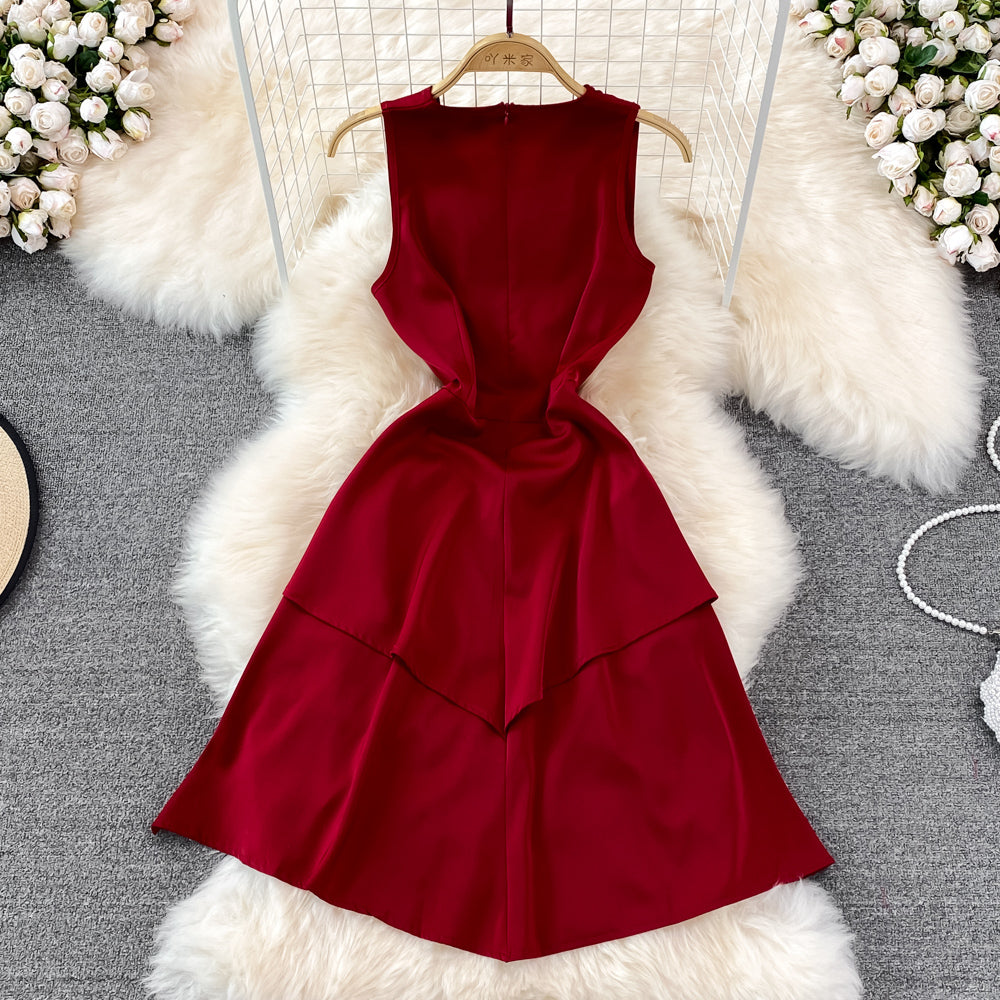 Red V Neck Irregular Dress RF0095