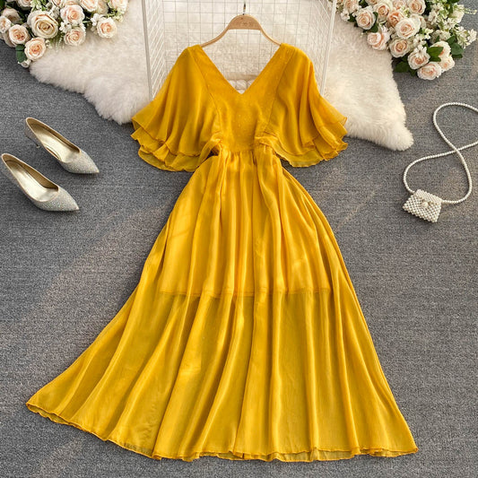Yellow Chiffon A Line Dress Yellow Fashion Dress RF0089