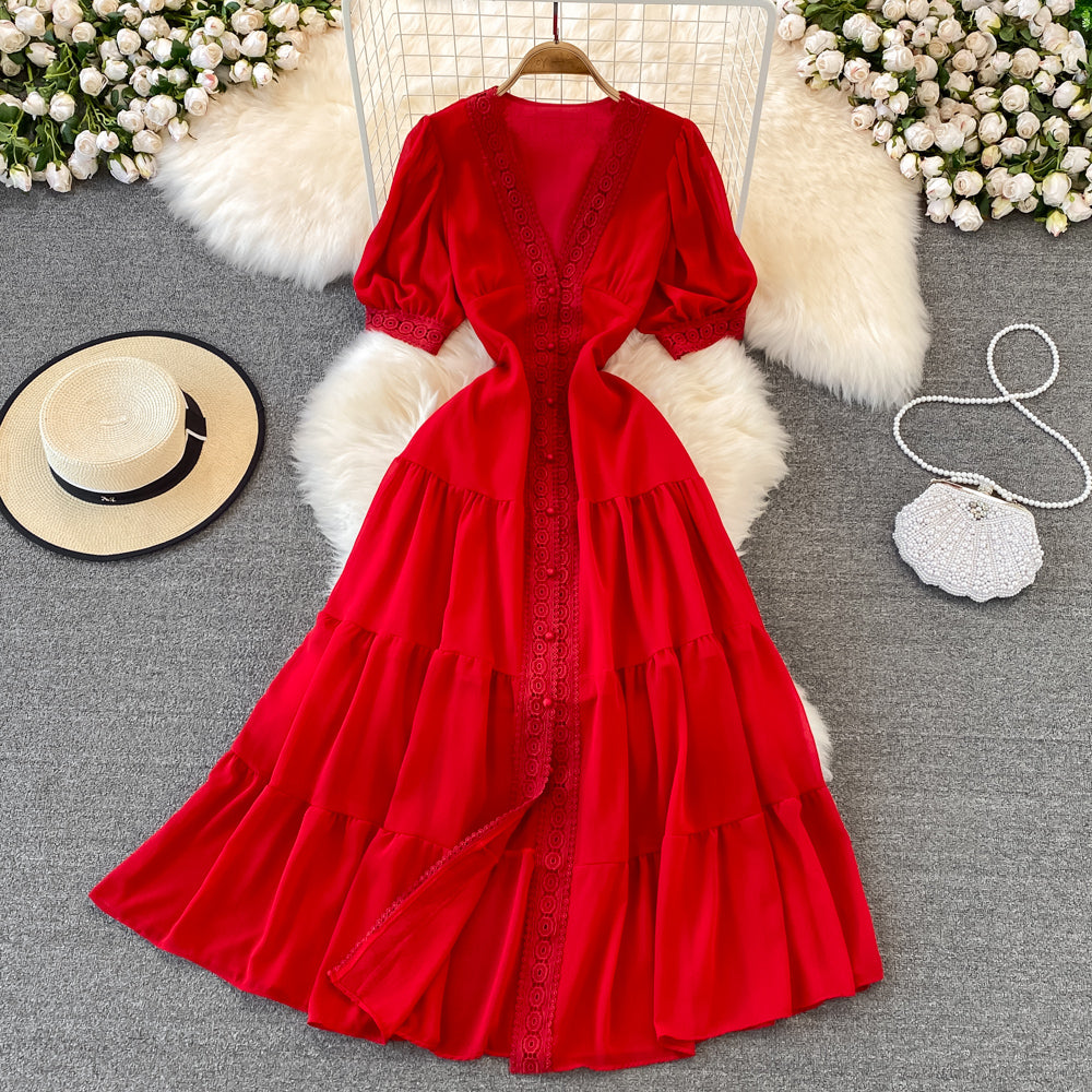 Stylish V Neck Chiffon Lace Dress Fashion Dress RF0076