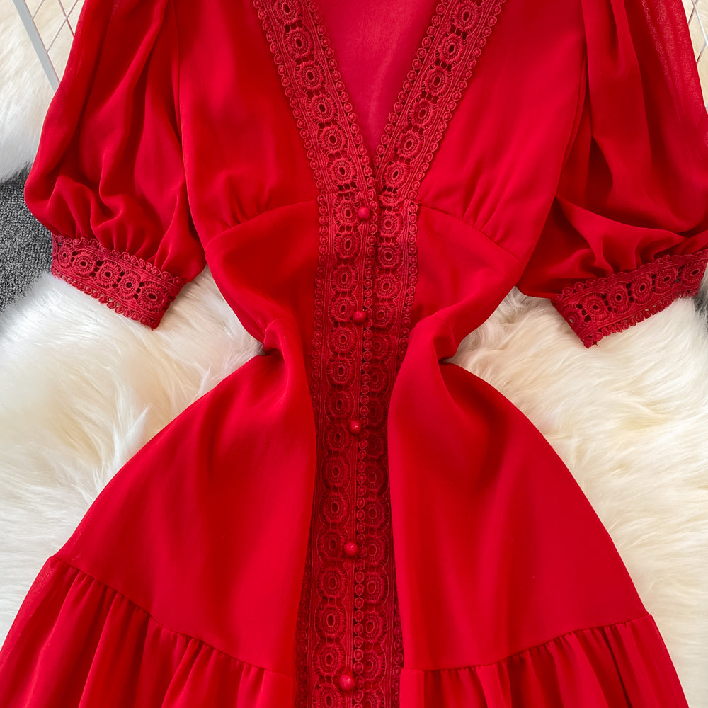 Stylish V Neck Chiffon Lace Dress Fashion Dress RF0076