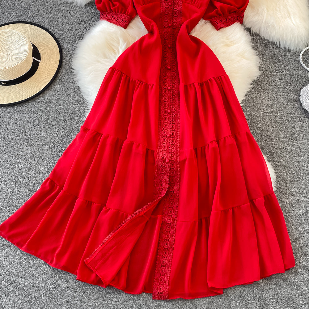 Stylish V Neck Chiffon Lace Dress Fashion Dress RF0076