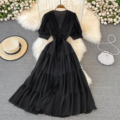 Stylish V Neck Chiffon Lace Dress Fashion Dress RF0076