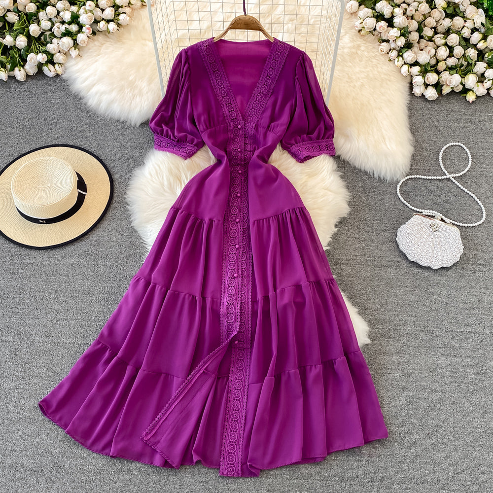 Stylish V Neck Chiffon Lace Dress Fashion Dress RF0076
