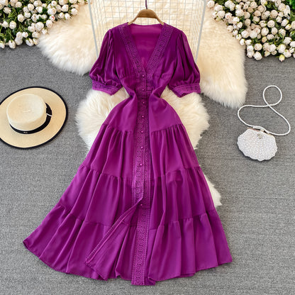 Stylish V Neck Chiffon Lace Dress Fashion Dress RF0076