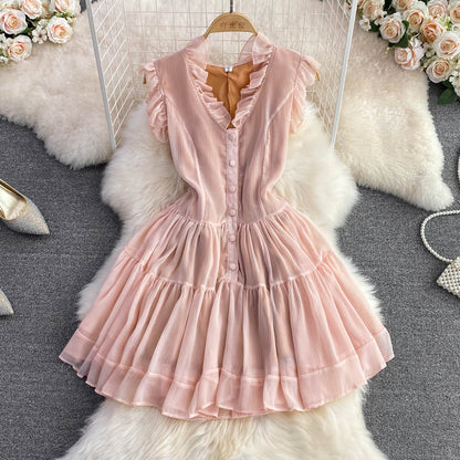 Pink V Neck Tulle Short Dress Fashion Dress RF0058
