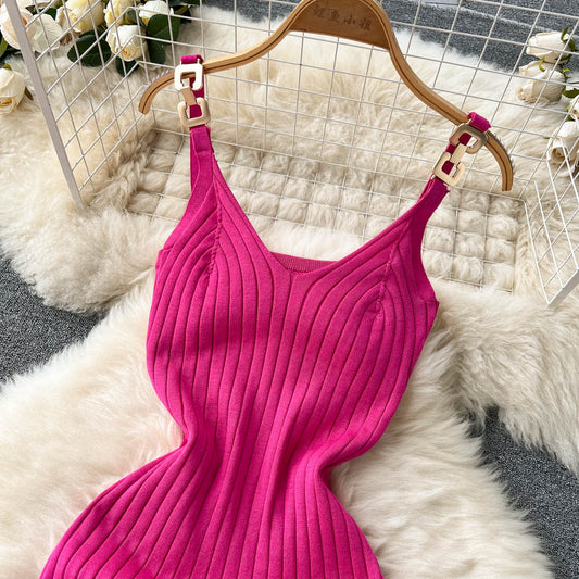 Stylish Knit Spaghetti Strap Short Dress RF0024