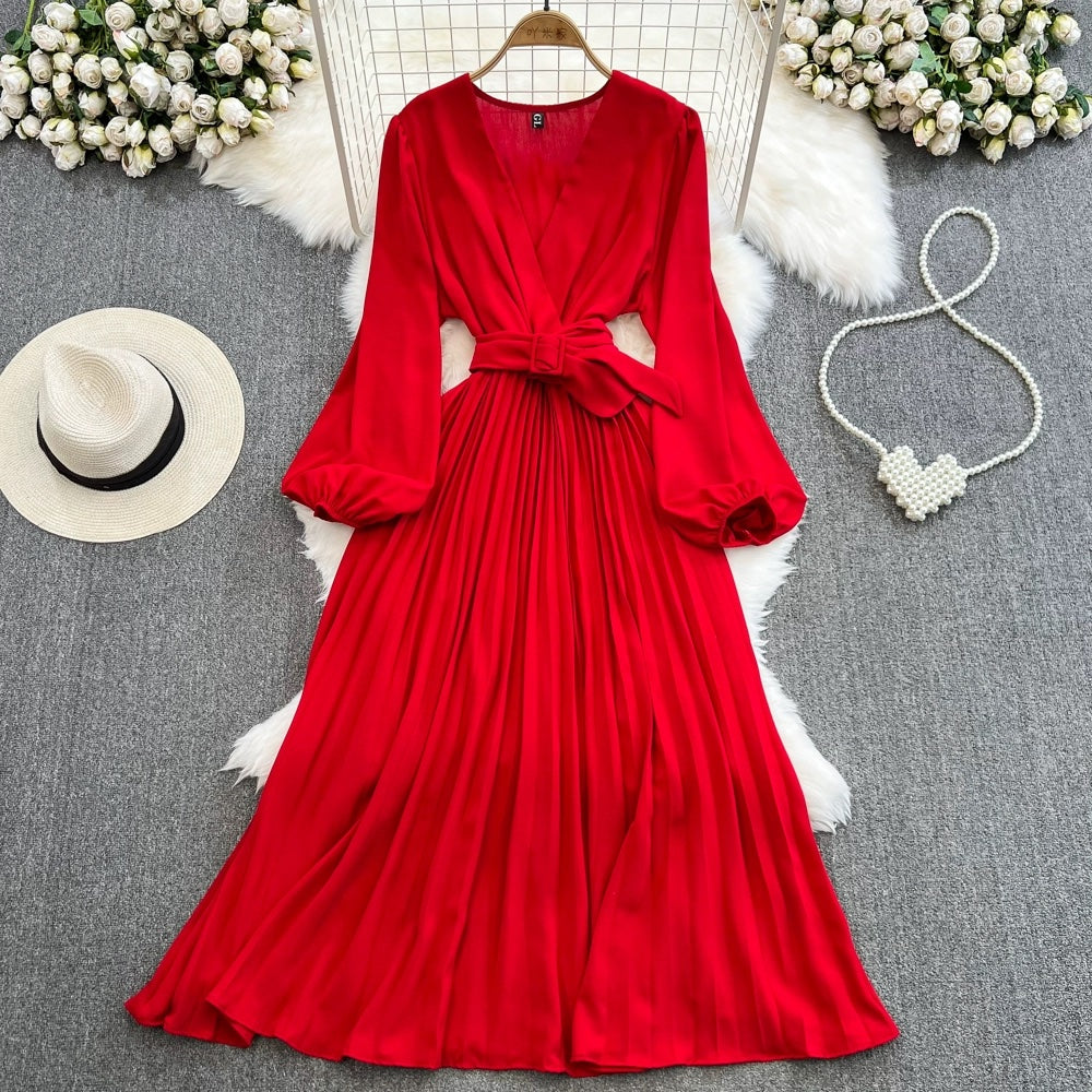 Simple V-neck Chiffon Long Sleeve Dress RF0001