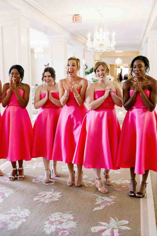Tea Length A-Line Strapless Neon Pink Bridesmaid Dress- RF0447