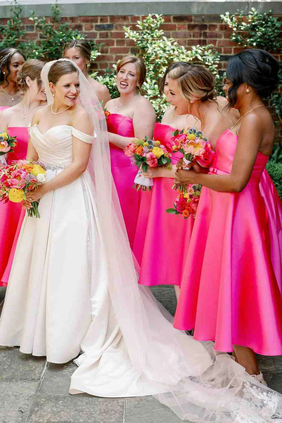 Tea Length A-Line Strapless Neon Pink Bridesmaid Dress- RF0447