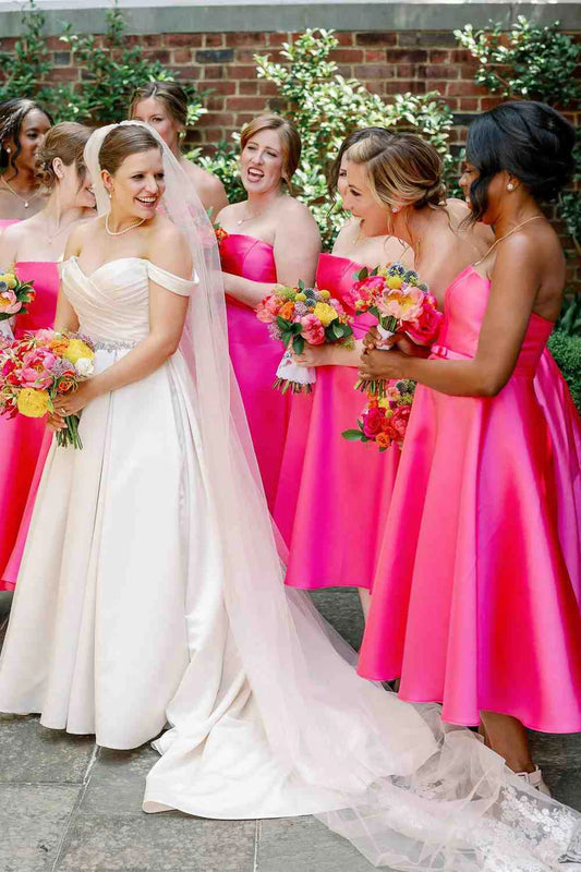 Tea Length A-Line Strapless Neon Pink Bridesmaid Dress- RF0447