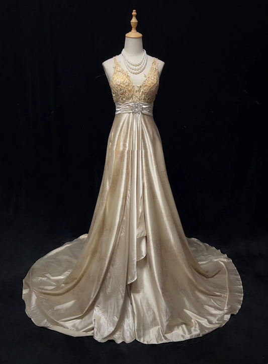 Wunderschöne Abschlussballkleider Inspo A-Linie Neckholder Champagner Satin mit Spitze Langes Damen-Abendkleid N3198