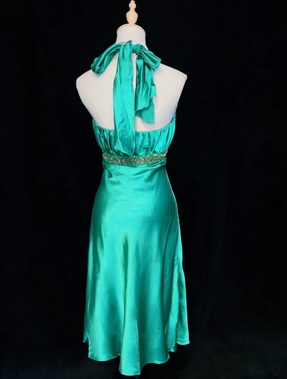 Modest Prom Dresses A line Halter Green Satin Tea Length Evening Outfits N3478