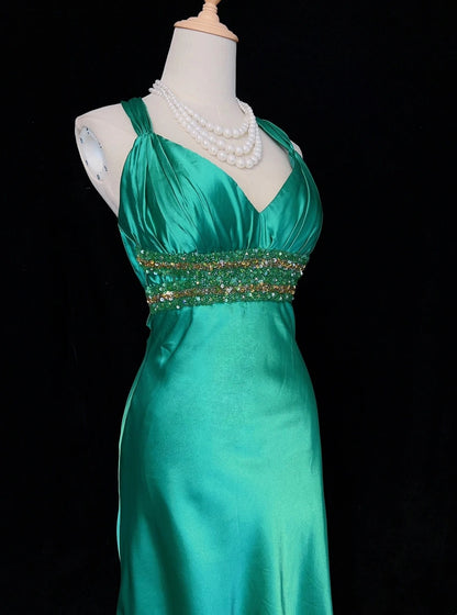 Modest Prom Dresses A line Halter Green Satin Tea Length Evening Outfits N3478