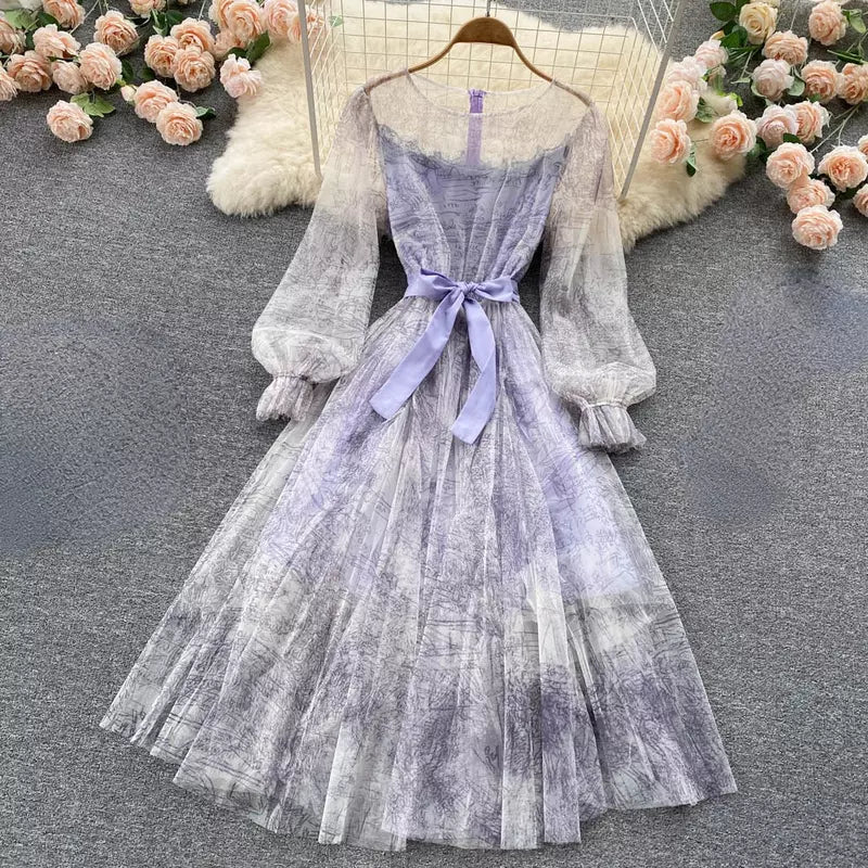 Langarmkleid mit Retro-Tintendruck RF0145