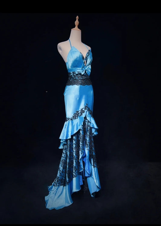 Vintage Prom Dresses Inspo Mermaid Halter Blue Satin With Black Lace 80s Long Formal Gown N2833