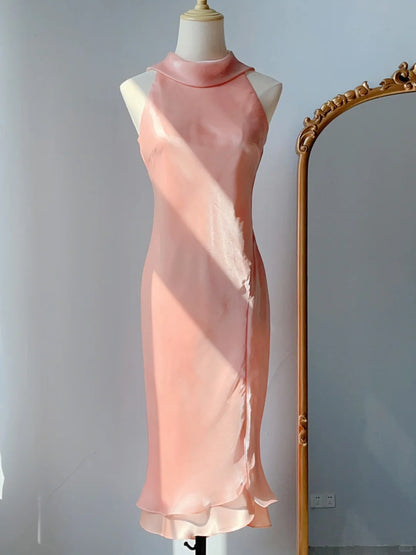Vintage Prom Dresses 90s Mermaid High Neck Pink With Ruffles Sleeveless Knee Length Evening Formal Outfits RB4254