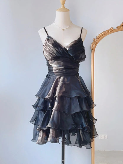 Vintage Ball Gown Spaghetti Straps Black Mini Dress Aesthetic Look Short Homecoming Dresses RB4262