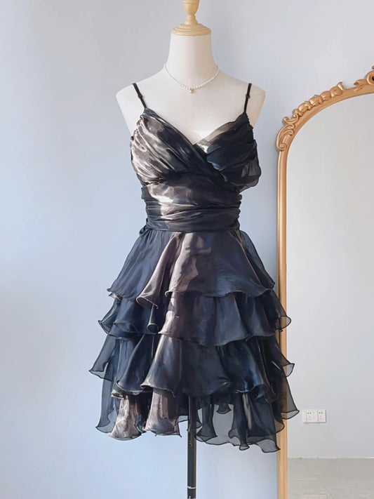 Vintage Ball Gown Spaghetti Straps Black Mini Dress Aesthetic Look Short Homecoming Dresses RB4262