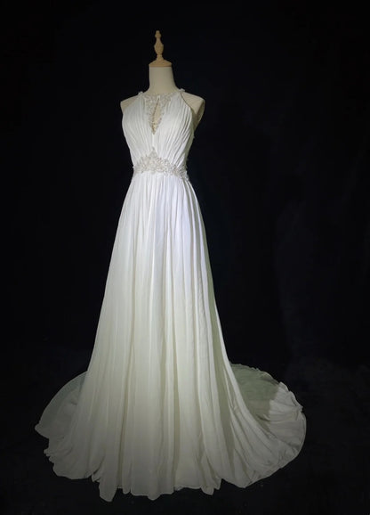 Robes de mariée romantiques ligne A en mousseline de soie avec cristaux perlés Robe de mariée longue blanche N3405