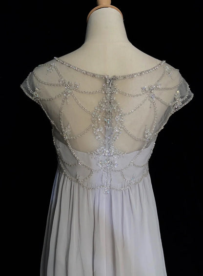 Inspiration Robes de bal vintage, ligne A, col rond, mousseline argentée, longues années 80, avec perles, robes de soirée N3394