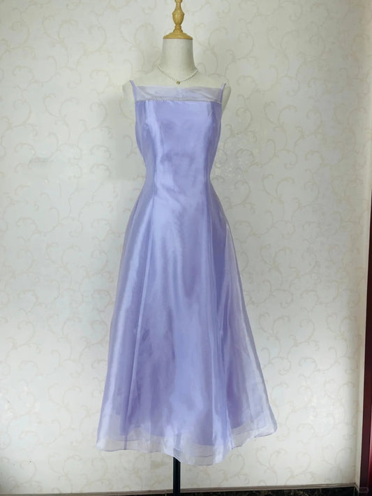Vintage Prom Dresses 70s A Line Spaghetti Strap Lilac With Ruffle Tea Length Formal Outfits RB4307