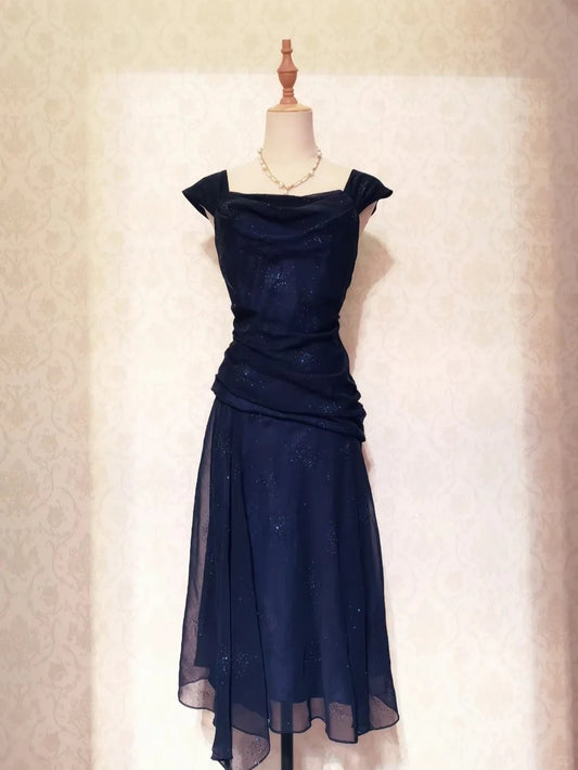 Vintage Prom Dresses 70s A line Square Neck Navy Blue With Ruffled Sleeveless Evening Formal Outfits RB4306