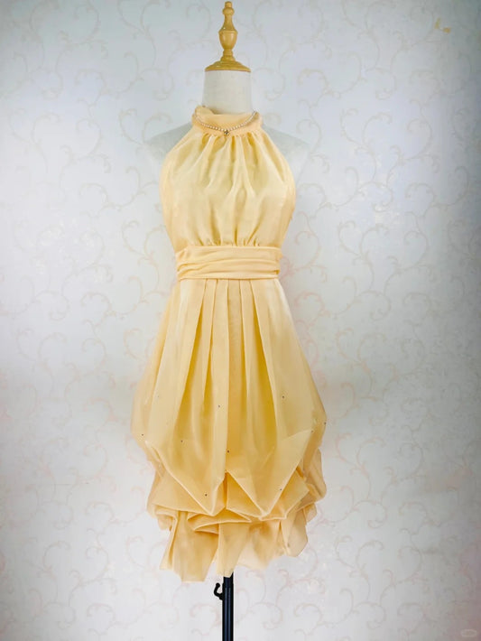 Vintage A line Halter Yellow Chiffon 12th Grad Knee length Aesthetic Look Homecoming Dresses RB4304