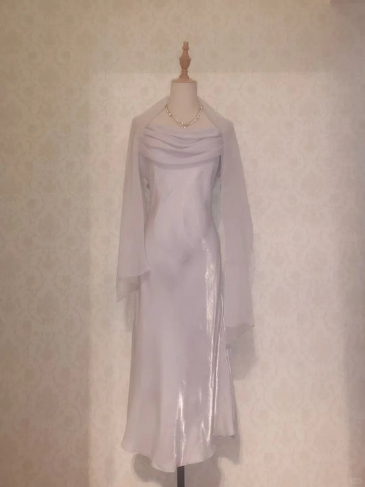 Vintage Prom Dresses 70s Mermaid Spaghetti Straps Lilac With Cape Tea Length Formal Outfits RB4297