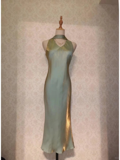 Vintage Prom Dresses 70s Sheath High Neck Green Tea Length Formal Outfits RB4295