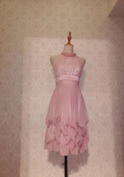 Simple A Line High Neck Pink Knee Length Senior Inspo Birthday 18th Party Outfits Homecoming Dresses RB3212