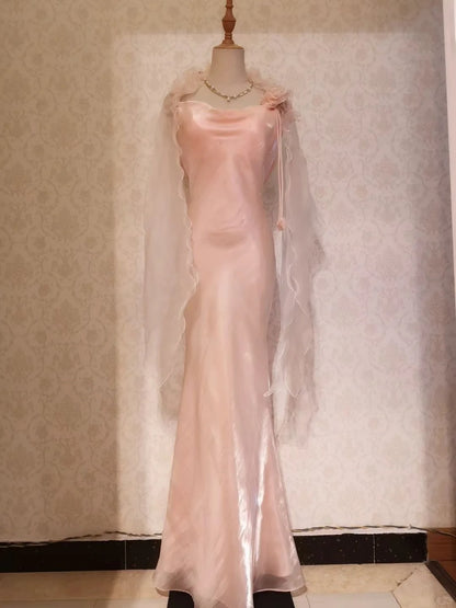 Vintage Prom Dresses 70s Mermaid Spaghetti Straps Blush Pink With Cape Sleeveless Evening Formal Outfits RB4292