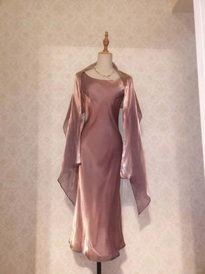 Vintage Prom Dresses 70s Mermaid Square Neck With Cape Sleeveless Tea Length Evening Formal Outfits RB4290
