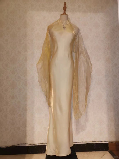 Vintage Prom Dresses 70s Mermaid High Neck Yellow With Cape Sleeveless Floor Length Evening Formal Outfits RB4289