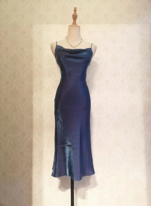 Vintage Prom Dresses 70s Mermaid Spaghetti Straps Navy Blue Tea Length Formal Outfits RB4287