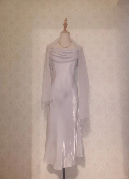Vintage Prom Dresses 70s Mermaid Spaghetti Straps Lilac With Cape Tea Length Formal Outfits RB4285