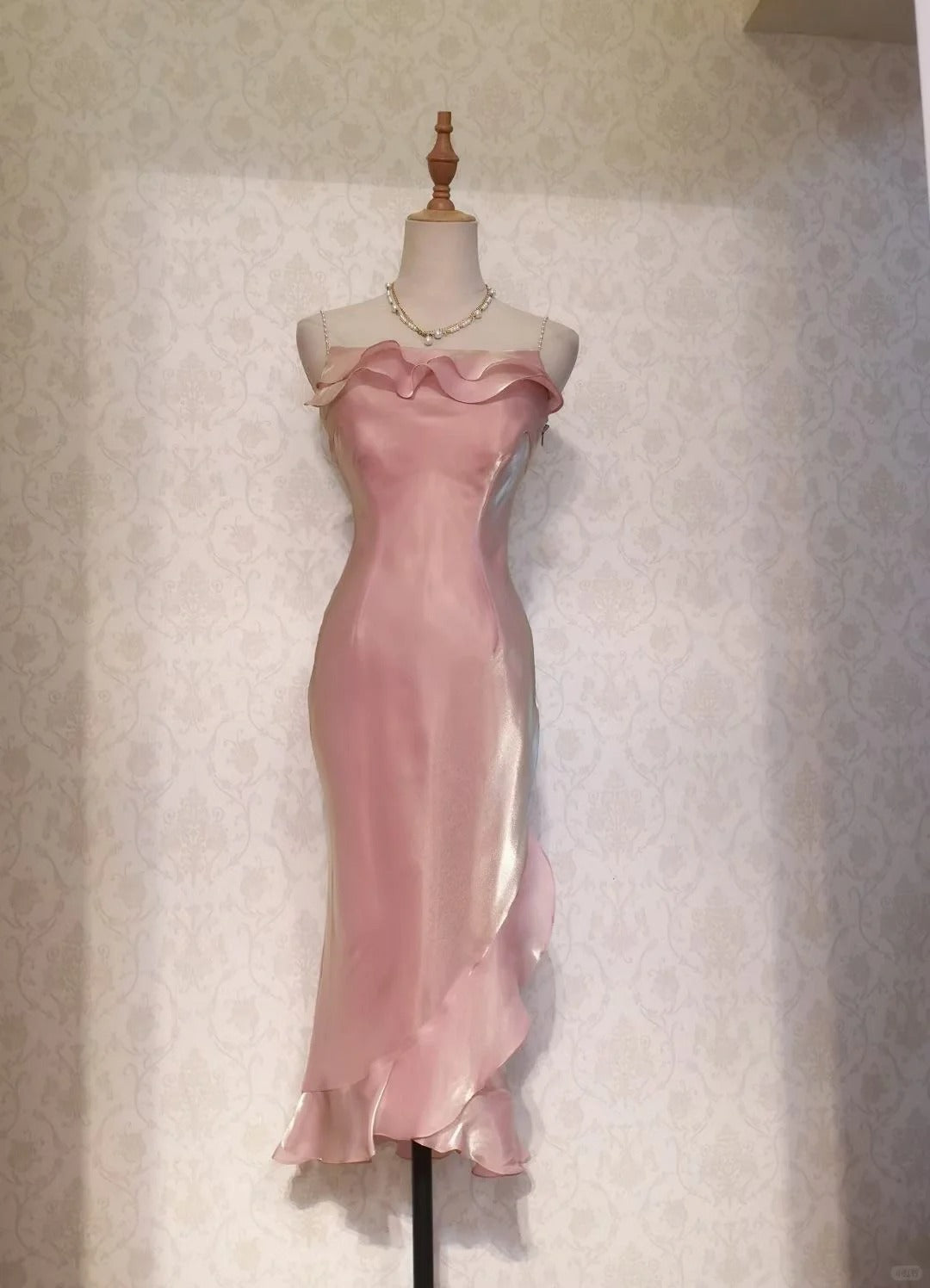 Vintage Prom Dresses 70s Mermaid Spaghetti Straps Pink Sleeveless Tea Length Formal Outfits RB4283