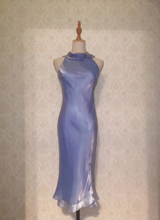 Vintage Prom Dresses 1950s Mermaid High Neck Lavender With Ruffle Sleeveless Tea Length Evening Formal Outfits RB4282