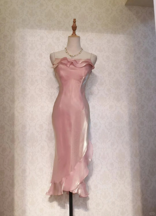 Modest Mermaid Spaghetti Strap Blush Pink Tea Length Spring Summer Event Outfits Wedding Guest Dresses RB3208