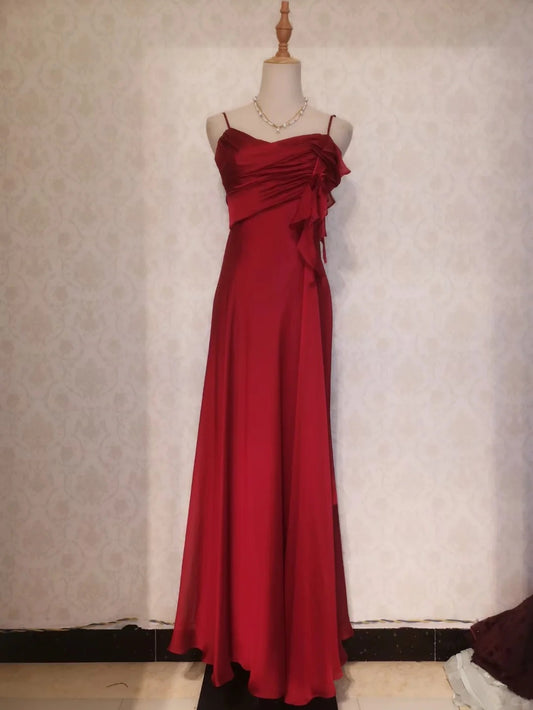 Vintage Prom Dresses 70s A Line Spaghetti Straps Red Chiffon Sleeveless Evening Formal Outfits RB4316