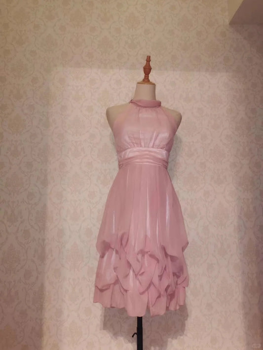 Vintage A line Halter Pink Chiffon 12th Grad Knee length Aesthetic Look Homecoming Dresses RB4312