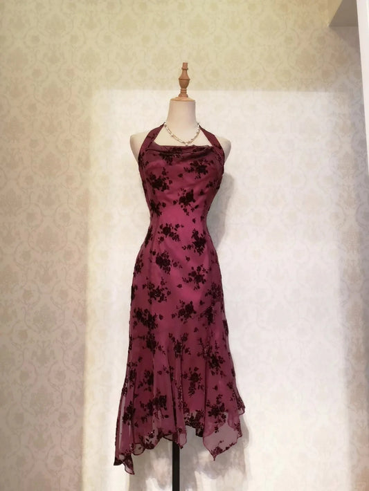 Vintage Prom Dresses 80s Mermaid Halter Red Black Lace Irregular Hem Tea Length Formal Outfit RB4320