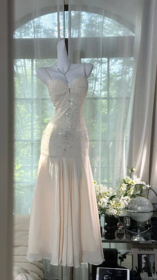 Charming Prom Dresses Mermaid Spaghetti Strap White Chiffon Floor Length Evening Outfits N3562
